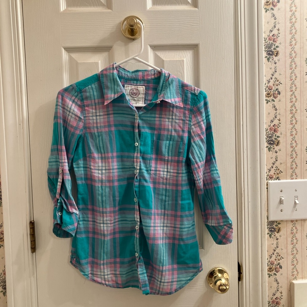 SO Teal and Pink Button Down Flannel Shirt